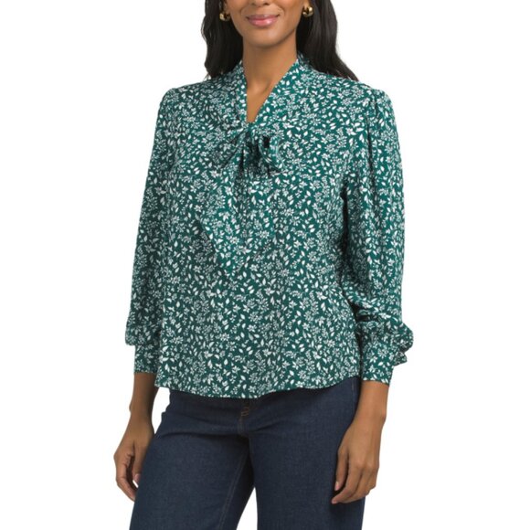 ADRIANNA PAPELL Botanical Garden Bow Tie Neck Printed Silky Woven Blouse - Picture 1 of 2